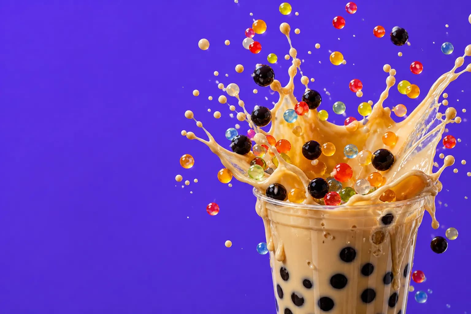 Bubble tea con leche salpicando y perlas explosivas volando