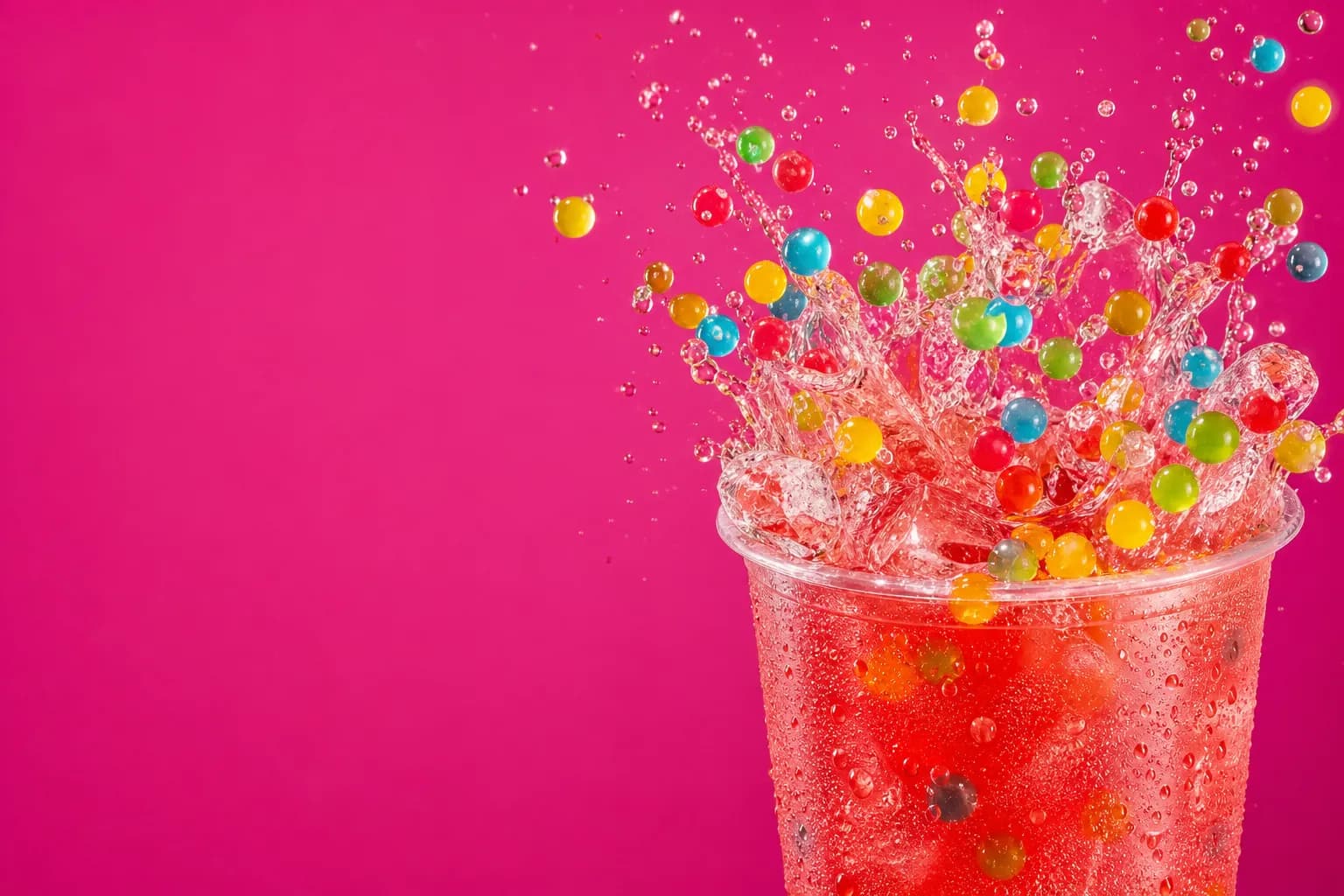 Soda frutal con hielo y popping boba de colores en el aire