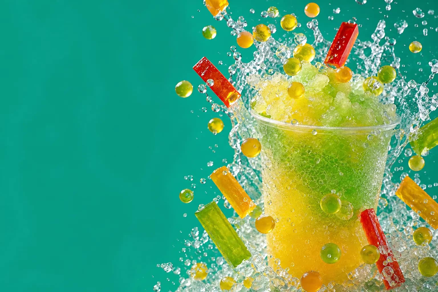 Granizado vibrante con popping boba y jellys volando