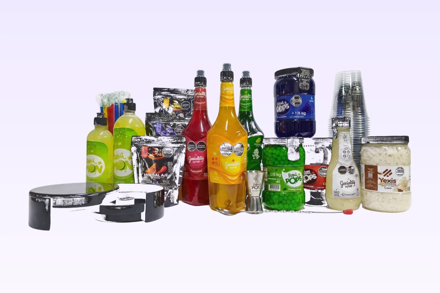Kit real de insumos y utensilios para preparar bubble tea: perlas, siropes, jellys, vasos, pitillos y más